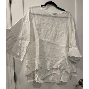 Pure Linen made in Italy White Line Mid Sleeve Shirt Top with Ruffle - large